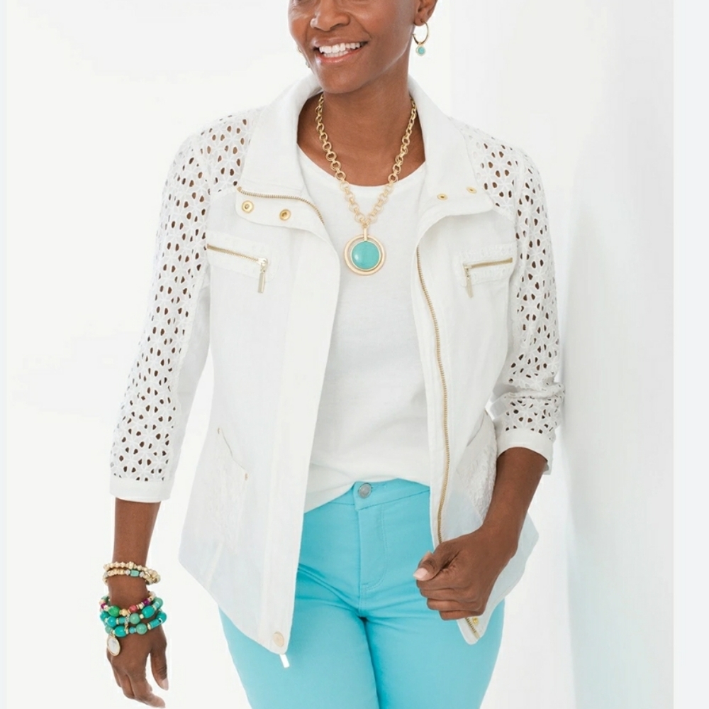 Chico's alabaster Linen Eyelet 3/4 Sleeve Jacket L - Picture 1 of 13